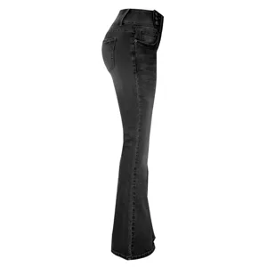 Black flare jeans for women, high waist denim pants with side button details for use.