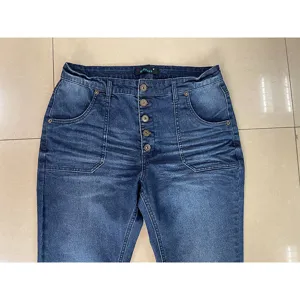 Women's high waist denim pants with multi buttons and patch pockets dark wash long trousers