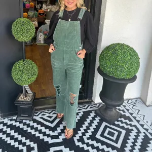 Women's Casual Corduroy Overalls Solid Color Loose Straight Long Jumpsuit With Pockets Button Bib Pants Casual Streetwear