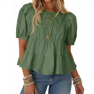 Donna manica corta camicetta a balze maniche a palloncino casual top verde moda abbigliamento