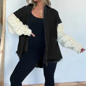 Women casual loose spliced denim sweater sleeve jacket fashion outerwear top black white