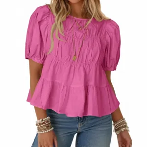 Donna rosa manica corta sbuffo camicetta a balze estate top casual chic moda elegante vestito