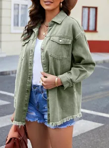 Casual legergroene denim overhemdjas voor dames met franjes en borstzakken voor dagelijks gebruik.