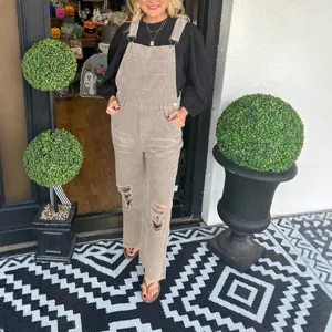 Women casual corduroy overalls jumpsuit with front pocket and distressed knee design.
