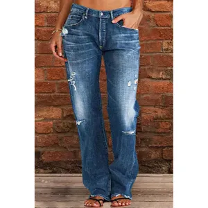 Distressed blue denim jeans for women, mid-waist straight leg pants with ripped details.