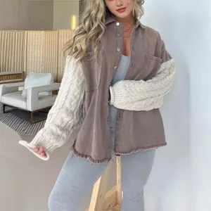 Women's casual contrast knit sleeve corduroy jacket fashion outerwear long sleeve button down coat