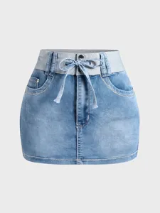 γυναικεία τζιν μίνι φούστα ψηλόμεση casual με κορδόνι μπλε τζιν φούστα καλοκαίρι