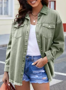 Groene denim jas voor vrouwen casual lange mouwen overhemdjas met rafelrand top