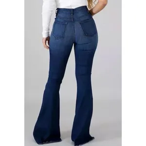 Back view of high-waisted stretch denim flare jeans featuring classic pockets and bell bottoms.