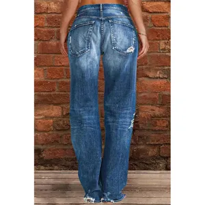 Back view detail of distressed blue denim straight leg jeans, mid rise casual vintage wash style