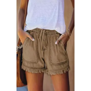 Shorts vaqueros caquis de talle alto para mujer con cordón elástico y bolsillos casual.