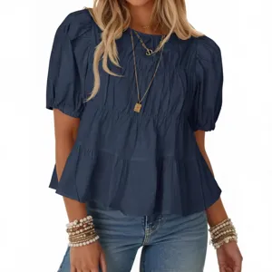 Donna Blusa Maniche Corte Puff Balze Blu Scuro Top Casual Elegante Chic Estivo Moda