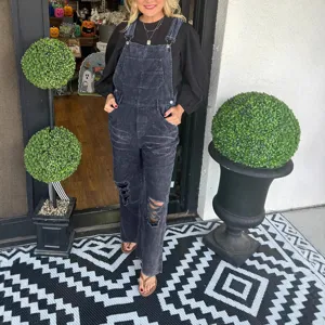 Women corduroy overalls casual loose fit bib trousers distressed ripped jumpsuits
