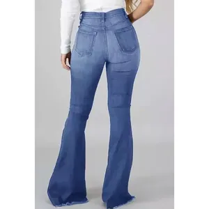 Back view detail of high-waisted flared denim jeans with a slim fit and subtle frayed hem.