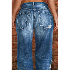 Women's mid-waist ripped casual straight denim pants, classic blue wash details back view.