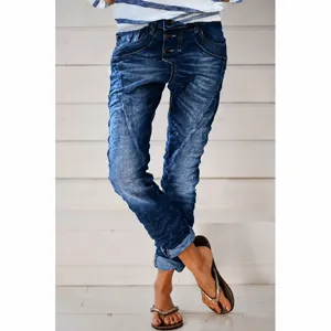 Women High Waist Ripped Flared Jeans Vintage Washed Denim Pants Button Fly Casual Long Trousers For Women