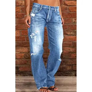 Women's mid-rise distressed straight leg denim jeans casual vintage blue trousers