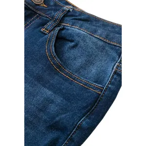 Detailed view of women's high waist dark blue denim jeans featuring durable orange stitching.