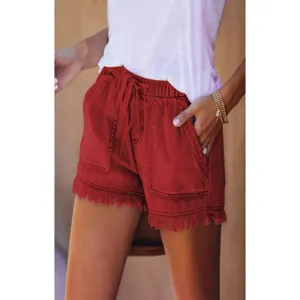 Mujer pantalones cortos de mezclilla rojo cintura elástica cordón casual flecos