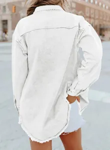 Detail wit denim shirt met rafelrand, lange mouw casual jasje stijl achterkant