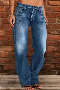 Details of women's casual mid-rise straight denim jeans showing wash effect and texture.