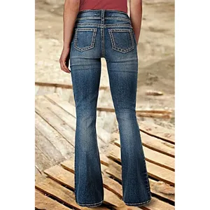 Women's low rise flare denim jeans retro bootcut dark wash back pockets casual trousers