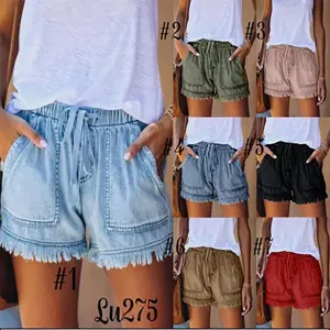 Pantalones Cortos de Mezclilla de Talle Alto Casual para Mujer Cordón Elástico Verano Básico Borde Sin Rematar Bolsillos Moda Streetwear Shorts