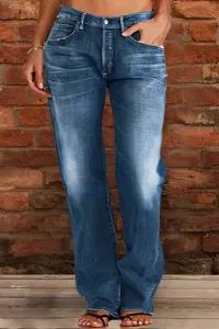 Women's blue denim jeans, mid-rise casual straight leg pants with distressed details and pockets.