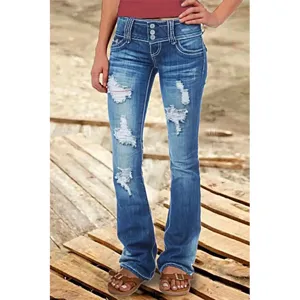 Low rise ripped flare jeans for women, vintage distressed denim pants with buttons.
