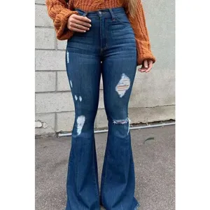 High waist distressed bell bottom jeans, dark blue wash stretch denim flare pants detail.