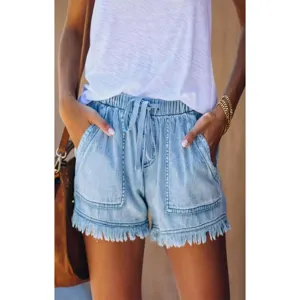 Mujer casual cintura elástica cordón azul claro pantalones cortos denim verano