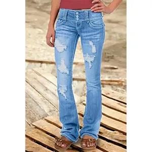 Women low rise distressed flare jeans casual light blue denim pants with front buttons