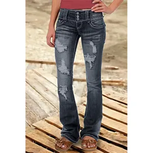 Women low rise distressed flare jeans with multi-button closure and retro washed denim style.