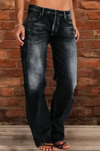 Women's dark washed distressed mid-rise straight leg denim jeans, casual streetwear style.