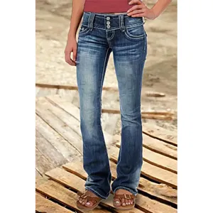 Women vintage low waist flare jeans distressed denim pants with multi button closure.