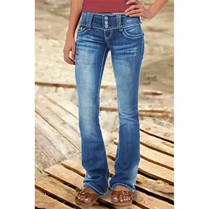 Women's retro low-waist flared denim jeans with vintage wash and multi-button design.