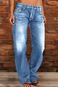 Women's mid-waist straight-leg denim jeans, casual ripped vintage wash trousers for daily wear.