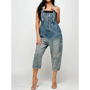 Women vintage washed denim overalls casual loose jumper jumpsuit summer fashion pants