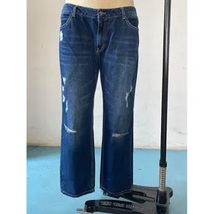 Women's blue distressed straight leg jeans, mid rise casual denim trousers for daily wear.