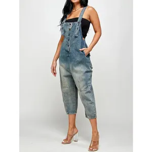 Women Casual Denim Overalls Loose Vintage Blue Jumpsuits Multi-Pocket Straight Pants