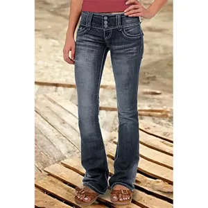 Dark wash low-rise flare jeans detail shot, highlighting the stylish multi-button waistband design.