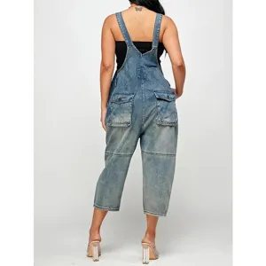 Detailed back view of women's denim overalls, casual loose fit with multiple utility pockets.