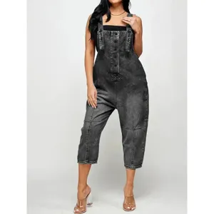 Stylish dark grey washed denim overall jumpsuit for women, casual loose fit with front buttons.