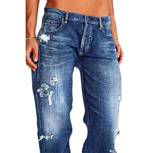 Women's mid-rise distressed ripped denim jeans casual straight-leg pants for daily wear.