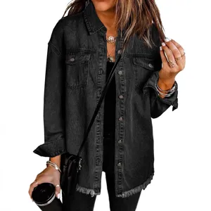 Dames Zwarte Denim Jas Ruwe Zoom Knoopsluiting Shirt Bovenkleding Hoofdaanzicht Stijl