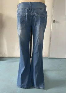 Retro low waist flare jeans for women, casual blue denim trousers with back pockets, stylish.
