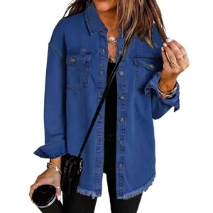 Vrouwen casual denim jas lange mouw gerafelde zoom button-down shirt mode bovenkleding.