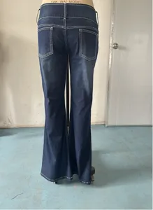 Dark blue low waist flare denim jeans with white contrast stitching and back pockets.