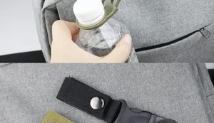 Outdoor webbing water bottle holder detail, multi-functional portable clip for hiking.