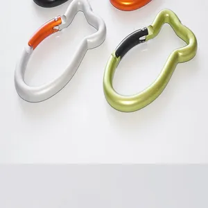 Nahaufnahme Detail des fischförmigen Aluminium Karabiners, leichte Klemme für den Außeneinsatz.